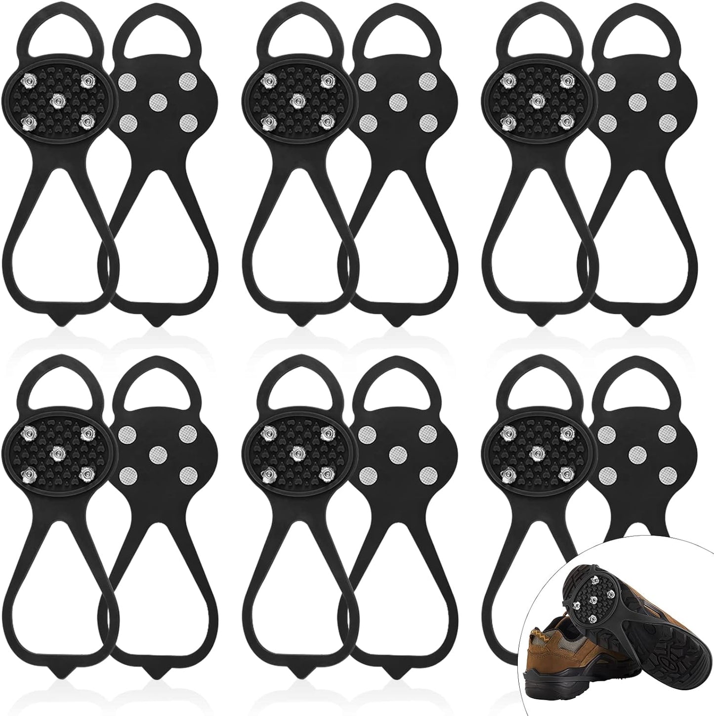 Syhood 6 Pairs Non Slip Gripper Spike Shoe Grips with 5 Studs Crampons Universal Ice Traction Cleats Snow Ice Hiking Fishing
