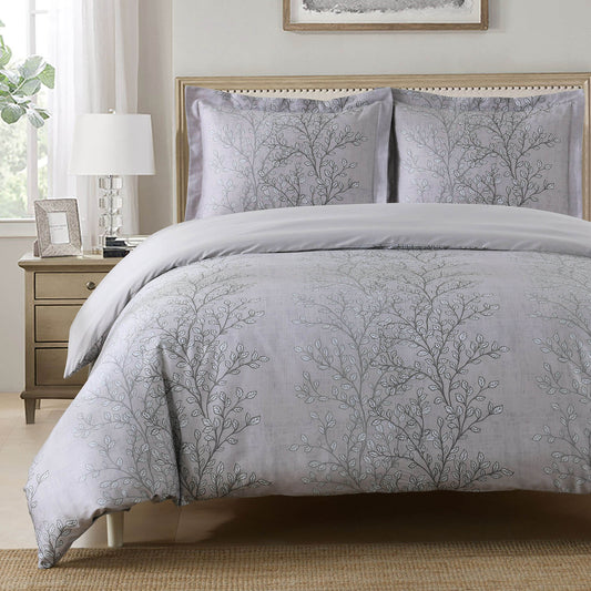 Tree branch foliage printed 100% Cotton Duvet Cover Set with shams. Made of long-staple cotton at 300 thread count. Stylish, soft, playful, fun. Available in sizes Twin/Twin XL, Full/Queen, King/Cal King
