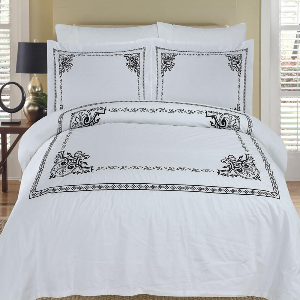 Embroidered Duvet Cover Sets - Athena-Royal Tradition-Full/Queen-White/ Black Embroidery-Egyptian Linens