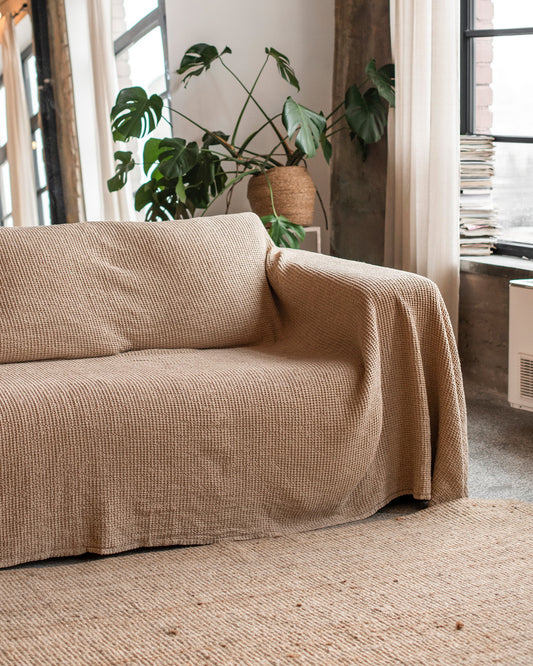 Waffle linen couch cover in Beige
